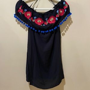 BLEUH CIELl Womens Dress Size Small, Black with Embroidery and Blue Pom Poms